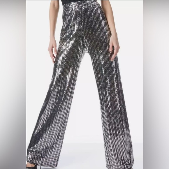 ALICE + OLIVIA ELBA Black Shimmer WIDE LEG PANTS SIZE SMALL Party Metallic
